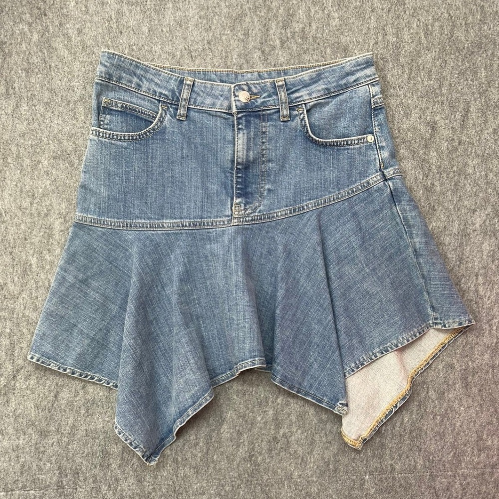 Free People Alara Denim Midi Skirt Medium Wash Handkerchief Hem Size 6 Boho Y2K